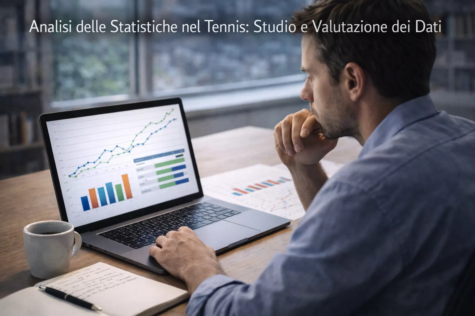 Persona che analizza statistiche di tennis su laptop con appunti