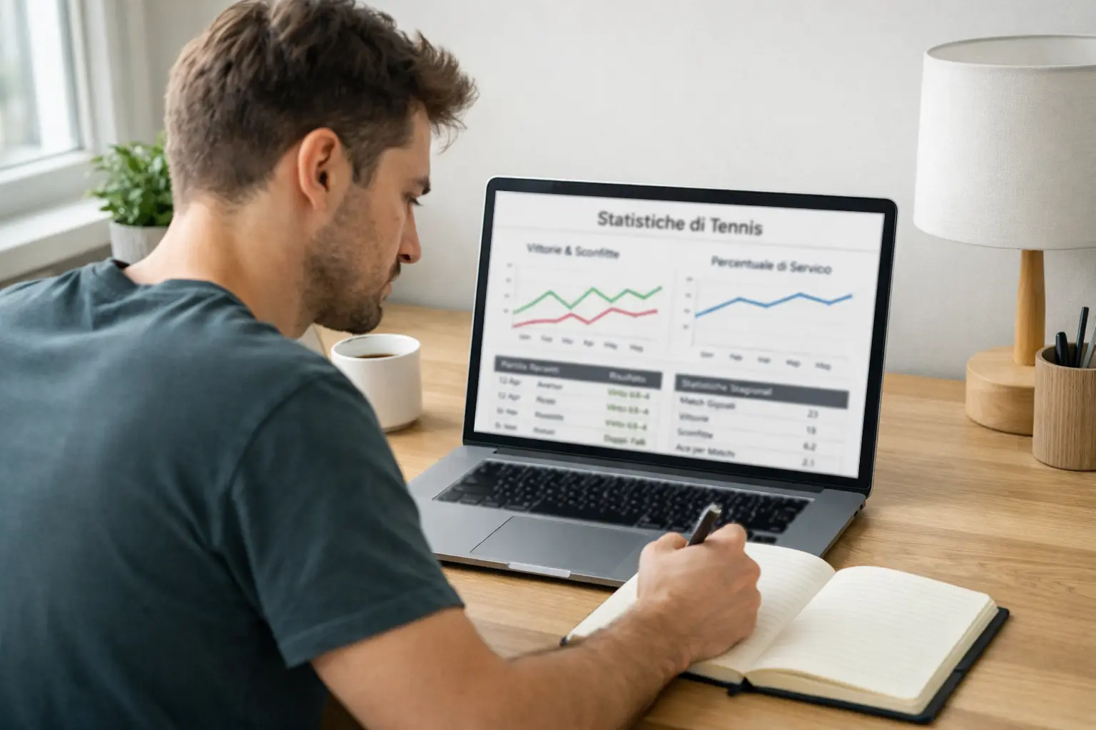 Persona che analizza statistiche di tennis su laptop durante un match