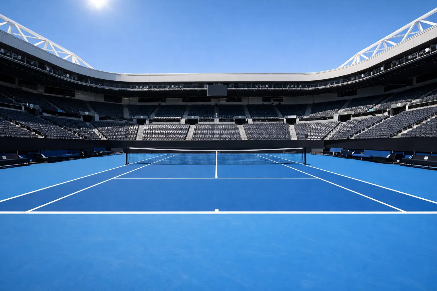 Campo in cemento blu dell'Australian Open a Melbourne sotto il sole estivo