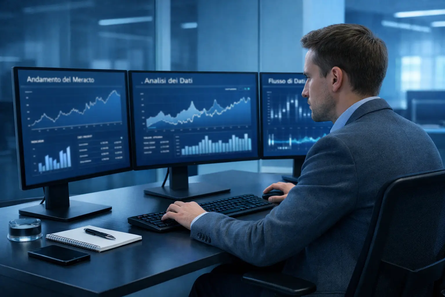 Trader professionista che monitora dati su più schermi