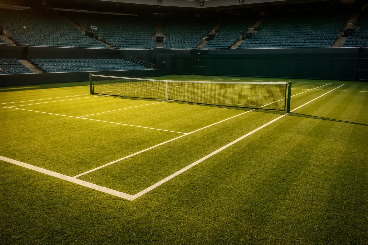 Campo da tennis in erba con rete e linee bianche ben definite