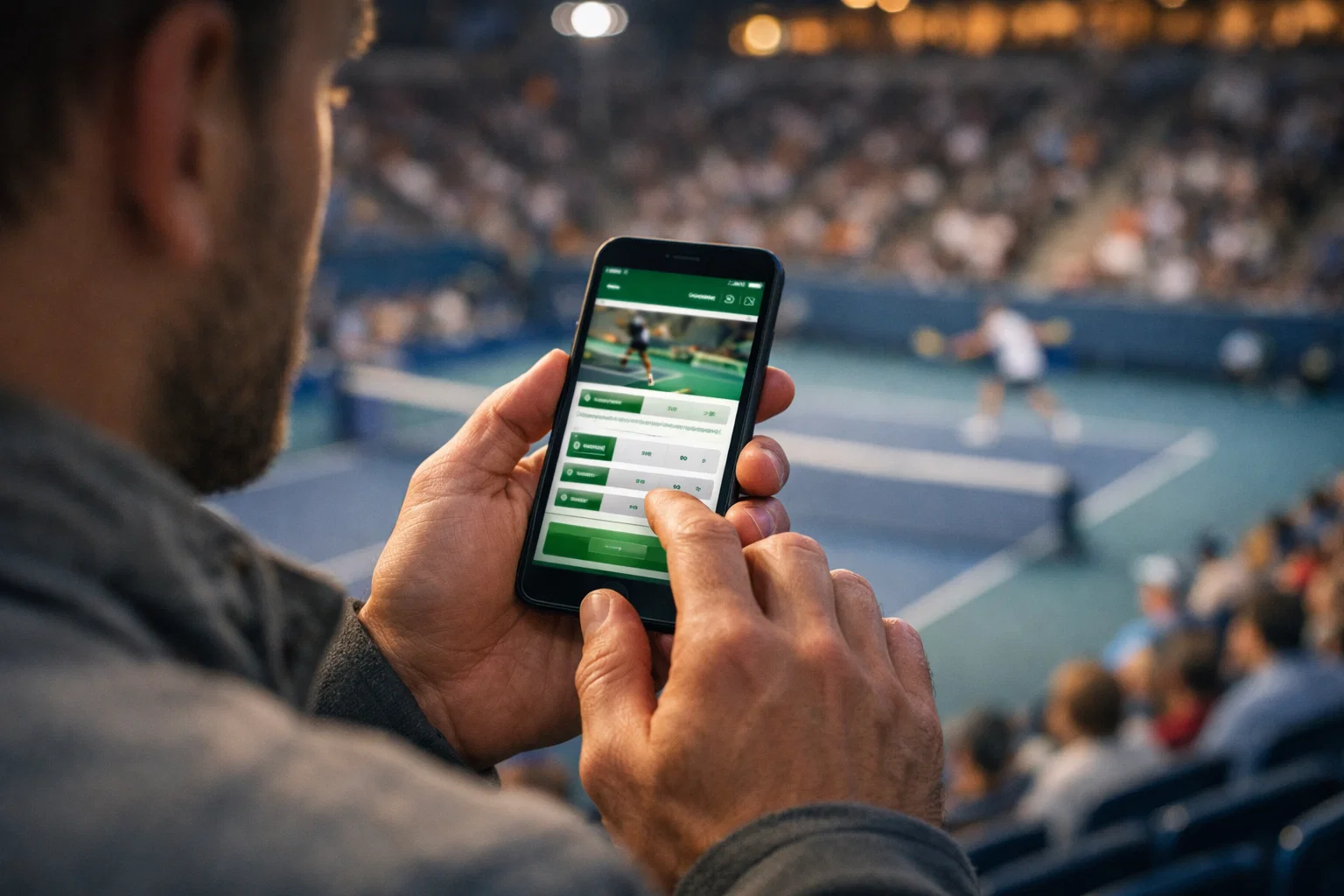 Mano di scommettitore con smartphone che mostra una scommessa tennis live allo stadio