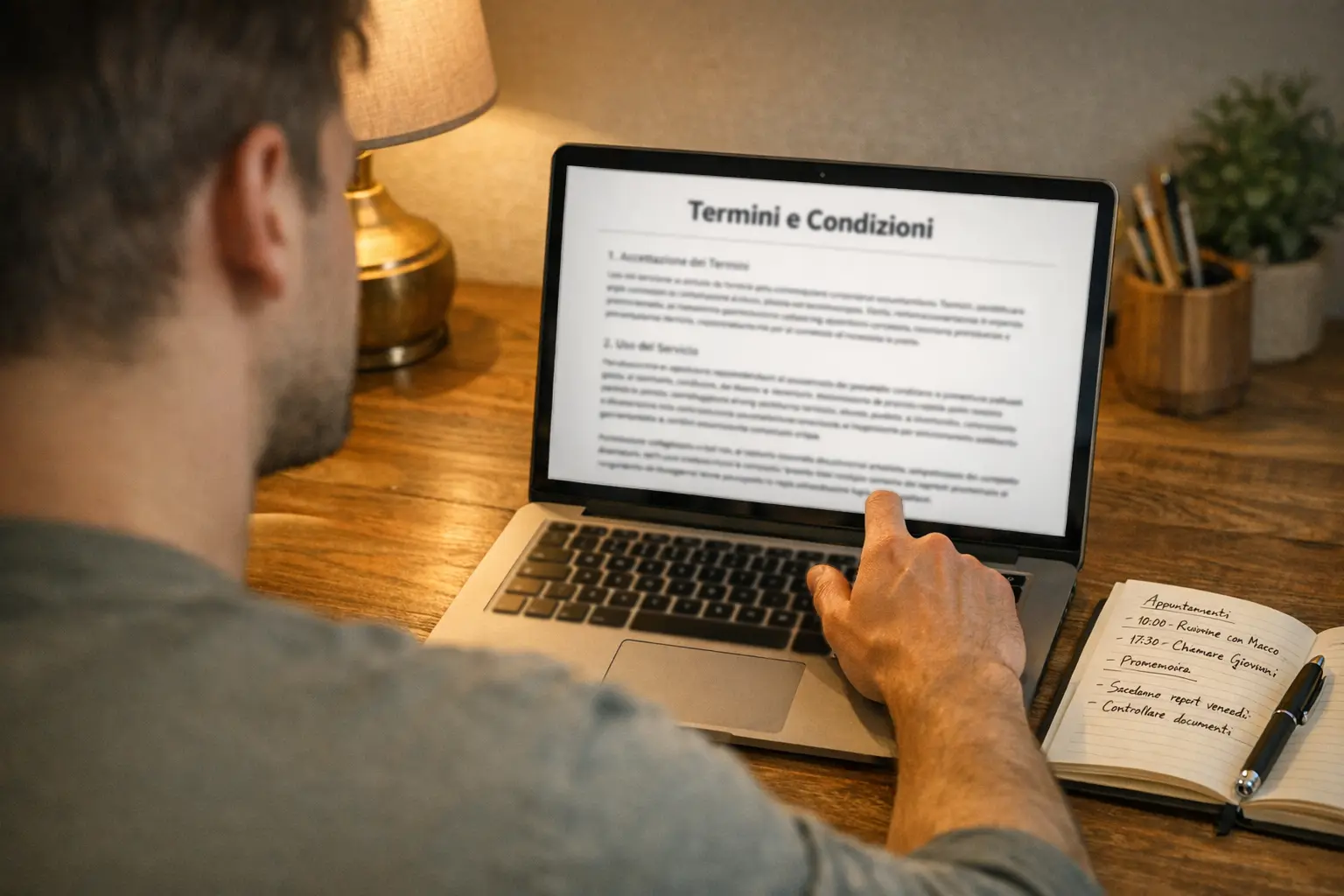 Persona che legge termini e condizioni su laptop con blocco appunti