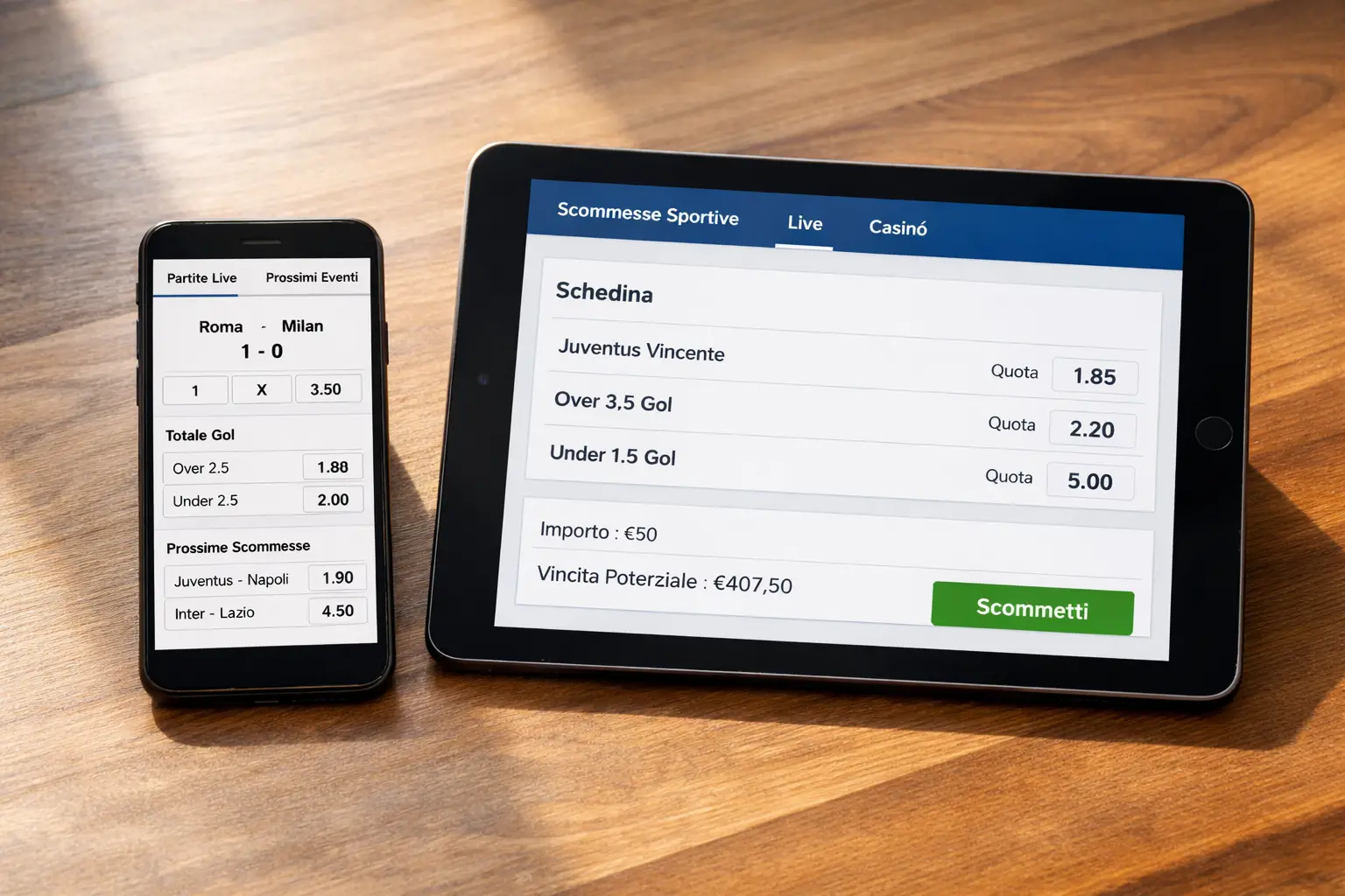 Smartphone e tablet che mostrano diverse piattaforme di scommesse