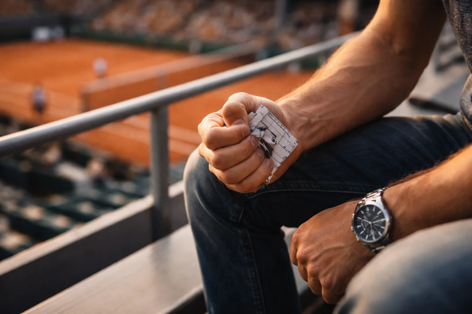 Mano di uno spettatore che tiene un biglietto accartocciato sugli spalti di un campo da tennis