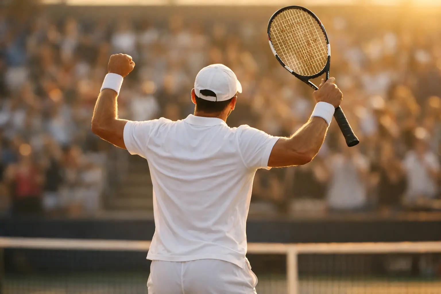 Tennista che alza la racchetta in segno di vittoria dopo un punto importante