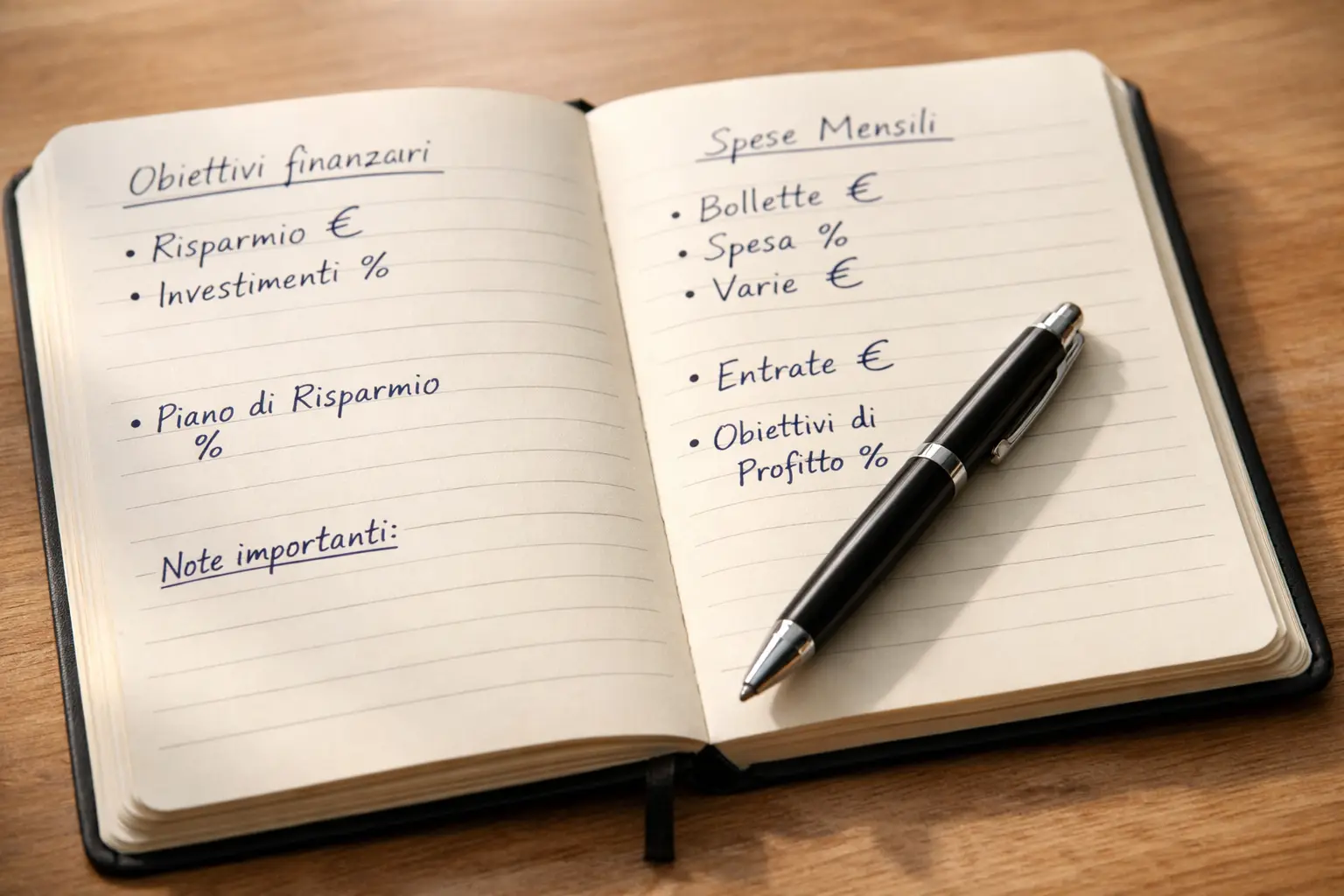 Blocco note con penna e simboli euro per pianificazione finanziaria
