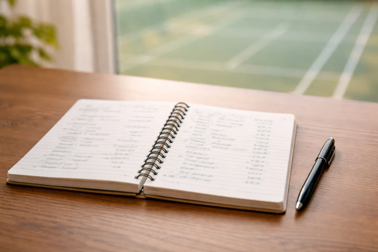 Quaderno aperto con appunti e una penna su un tavolo accanto a un campo da tennis sfocato sullo sfondo