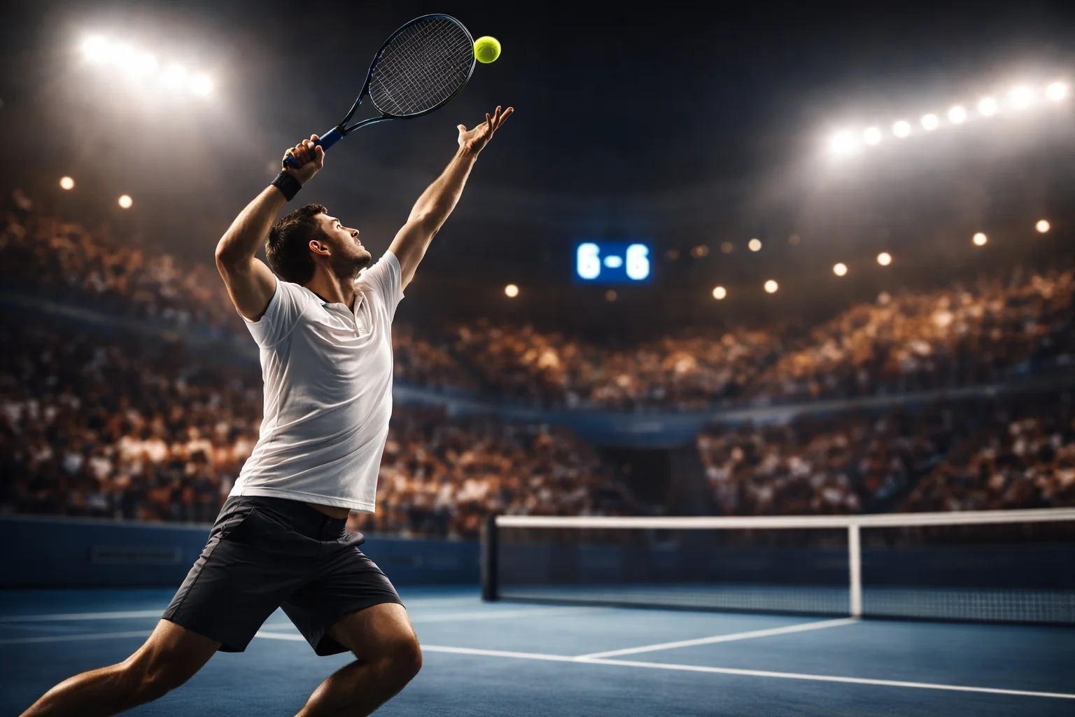 Tennista al servizio durante un tie-break su campo in cemento con luci dello stadio