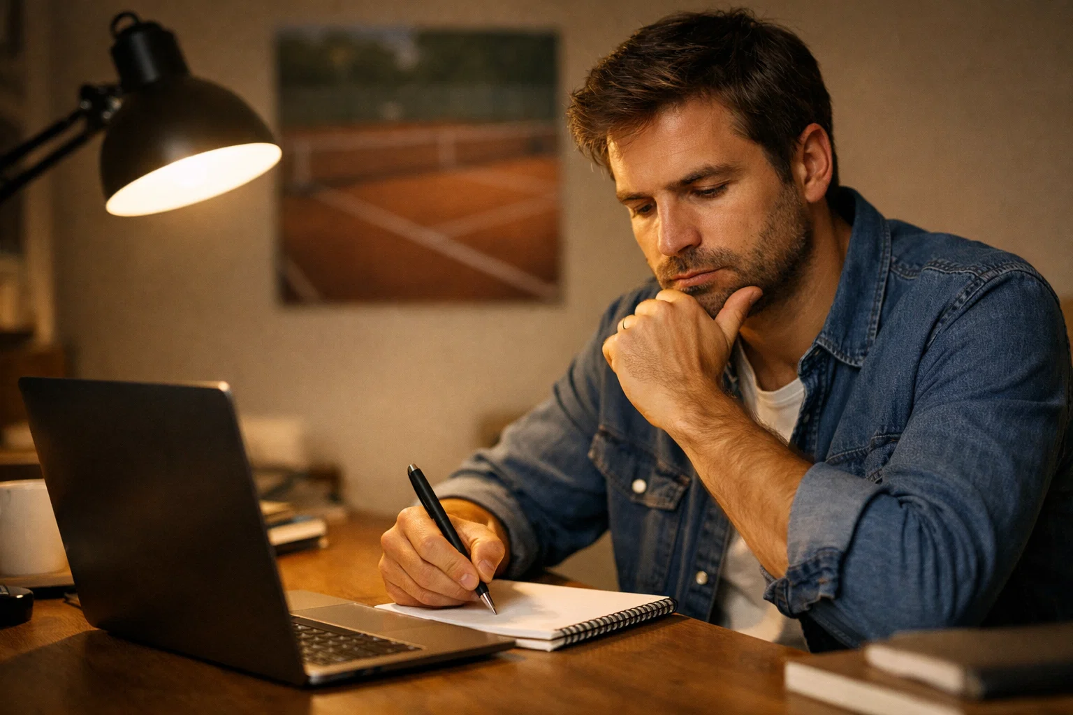 Uomo concentrato che analizza appunti su un blocco note davanti a un campo da tennis