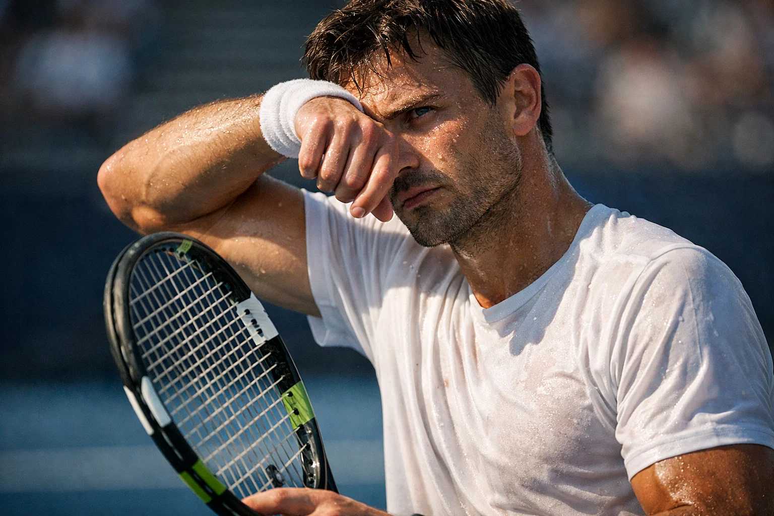 Tennista che mostra emozione e tensione durante un punto decisivo sul campo