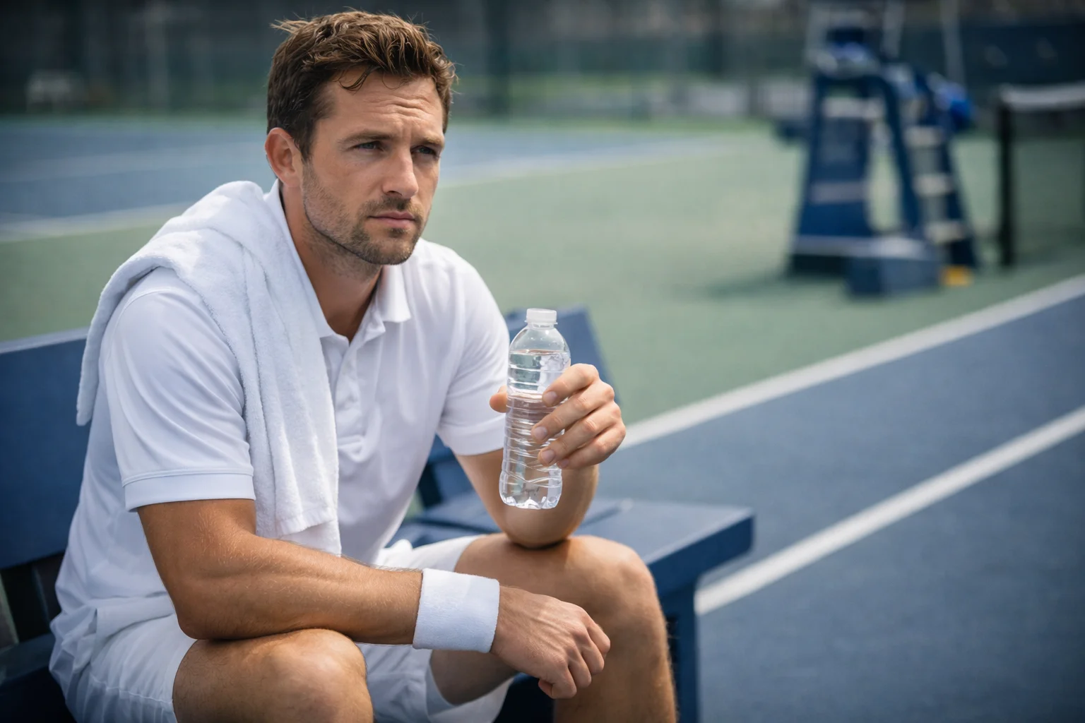 Giocatore di tennis seduto a bordo campo con un asciugamano sulla spalla durante una pausa del match