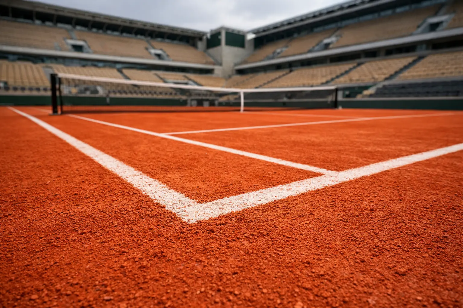 Campo in terra battuta rossa del Roland Garros a Parigi con linee bianche