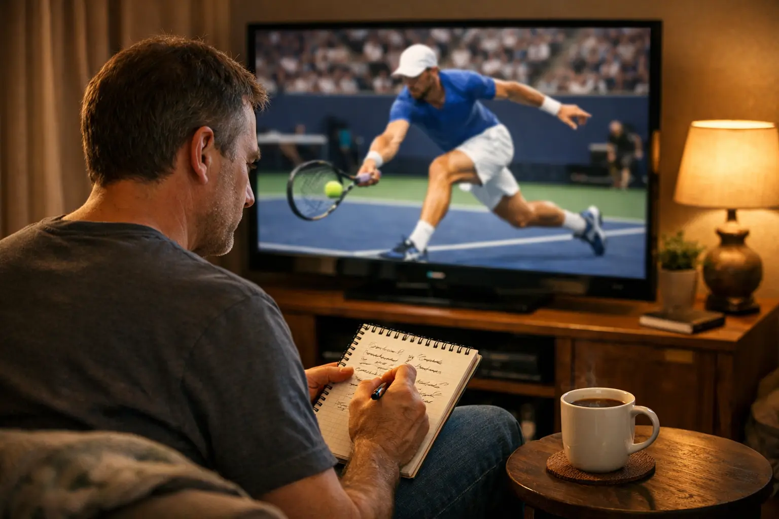 Appassionato di tennis che prende appunti mentre guarda una partita