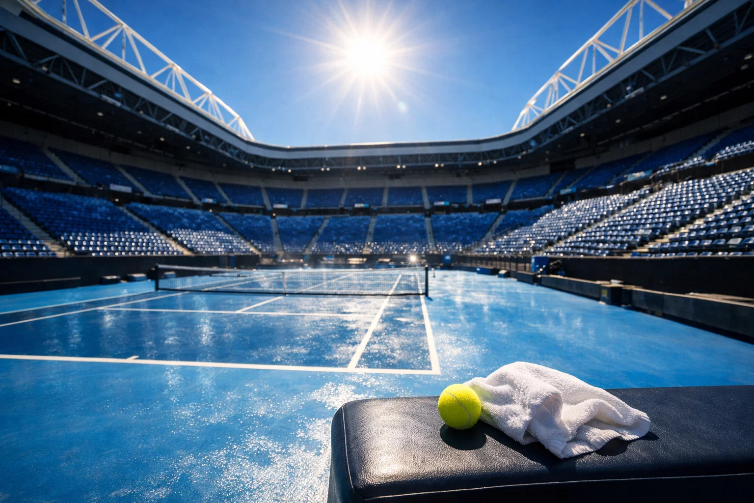 Stadio da tennis all'aperto sotto il sole australiano con campo in cemento blu