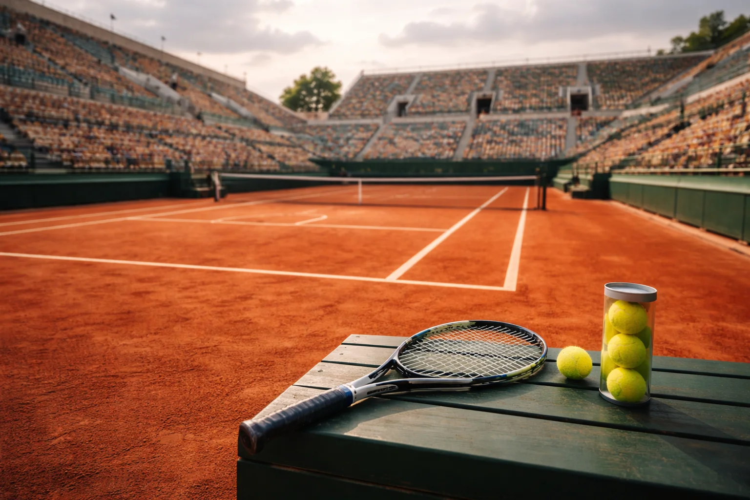 Campo da tennis in terra rossa al Roland Garros di Parigi con pubblico sugli spalti