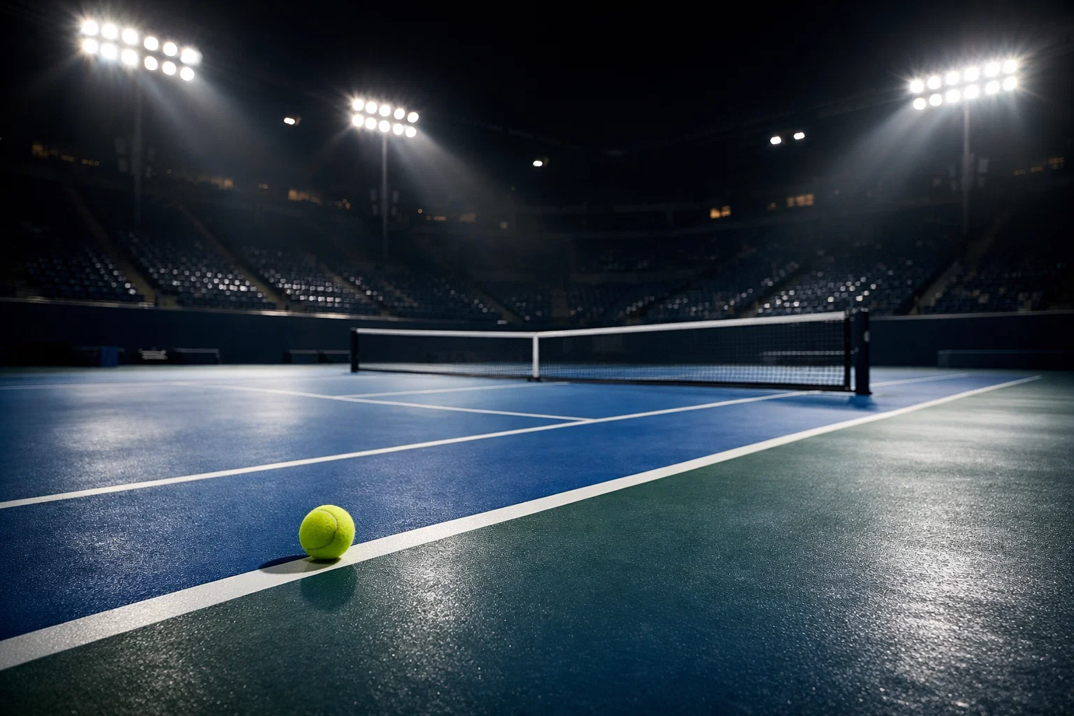 Campo da tennis in cemento blu con rete e pallina da tennis sotto i riflettori