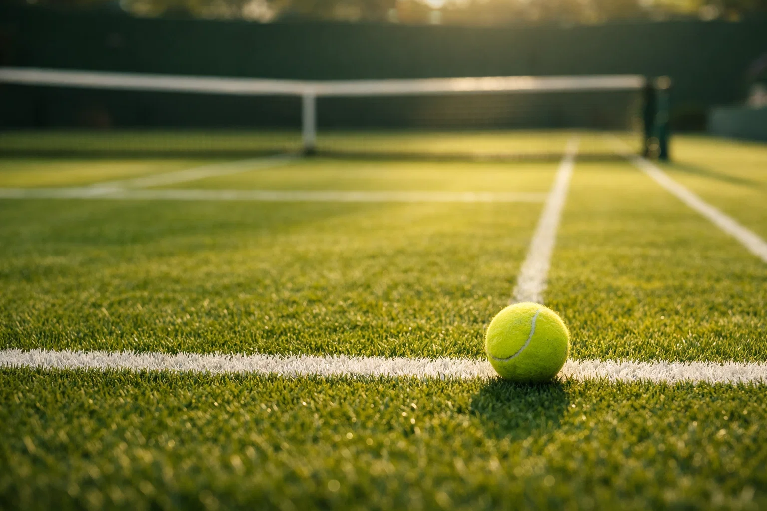 Campo da tennis in erba con righe bianche e pallina da tennis durante una partita