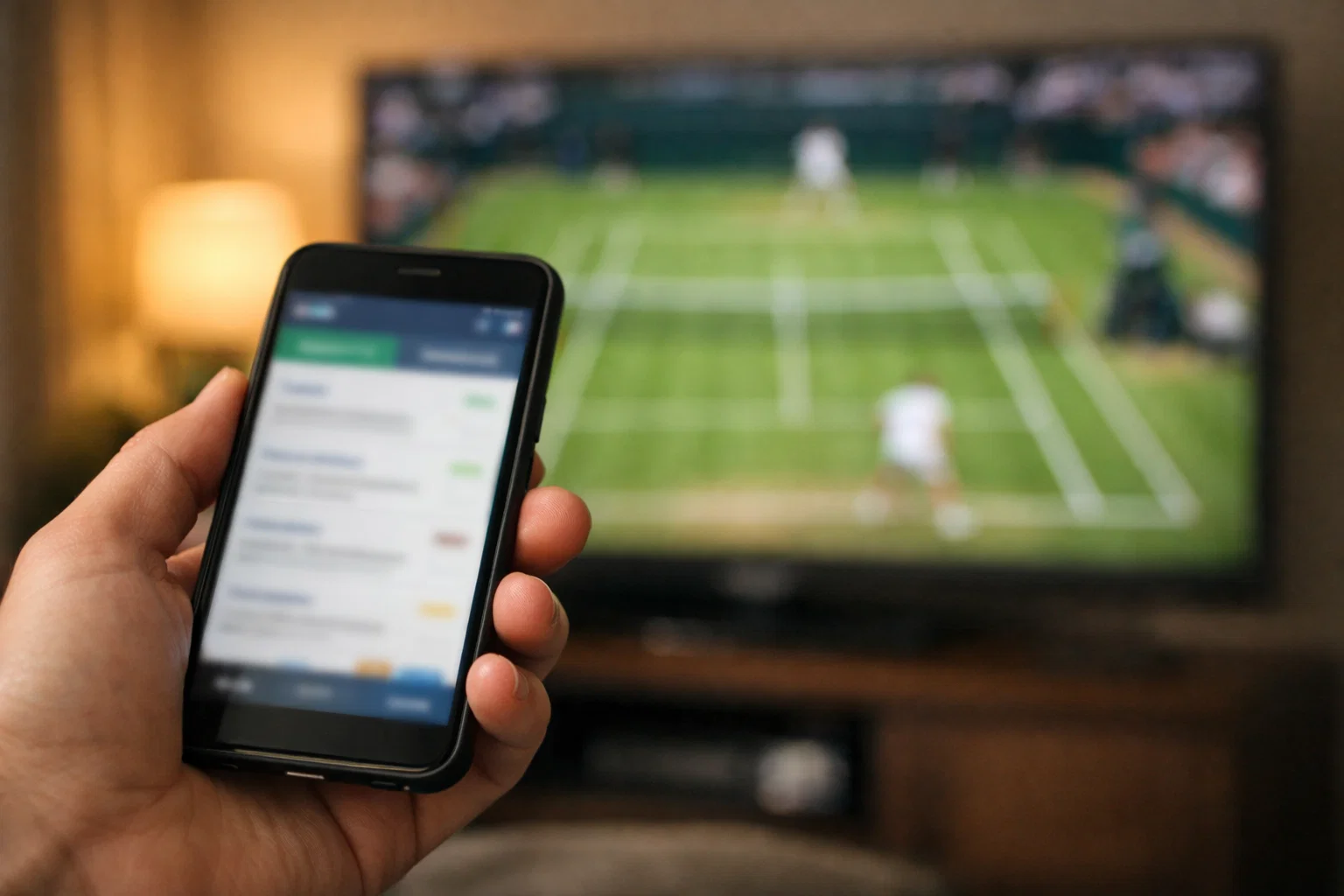 Mano che tiene uno smartphone con un campo da tennis visibile sullo sfondo