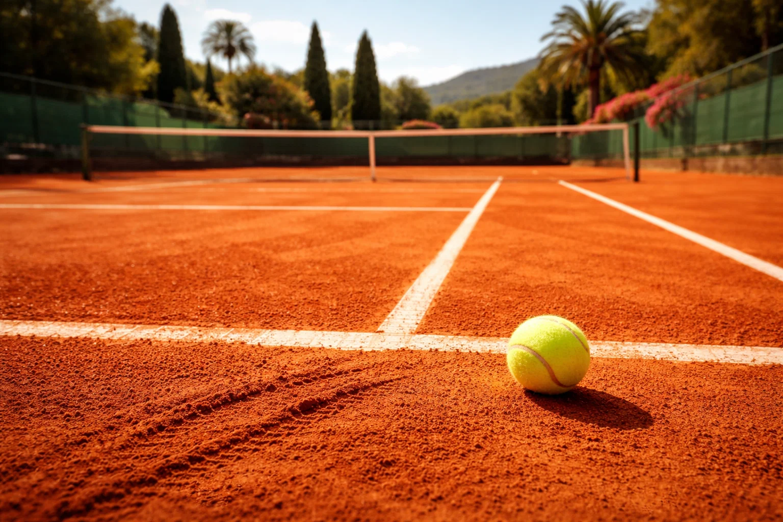 Campo da tennis in terra rossa con linee bianche e pallina da tennis al sole