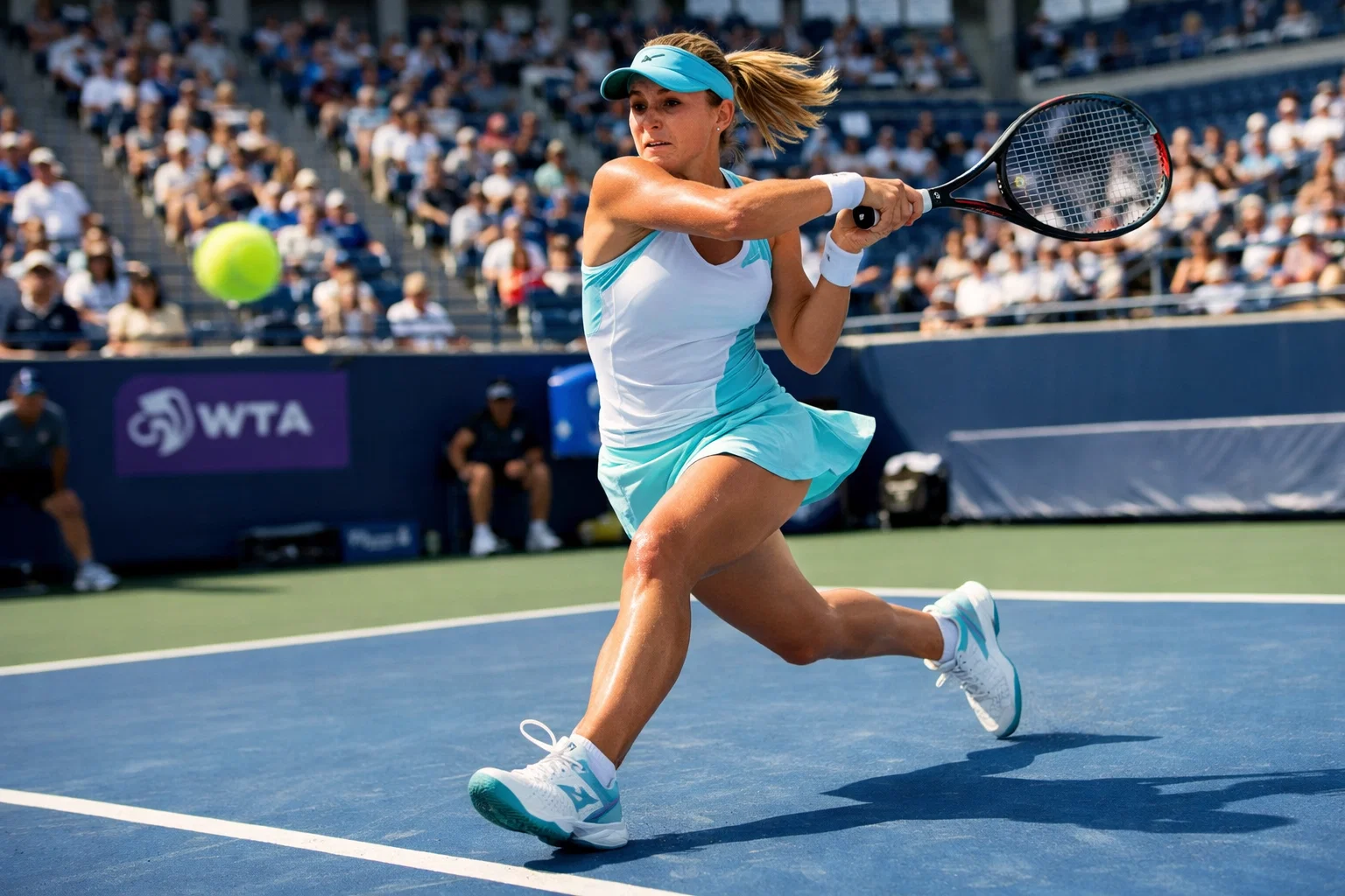 Giocatrice di tennis WTA che colpisce un dritto durante un match su campo in cemento