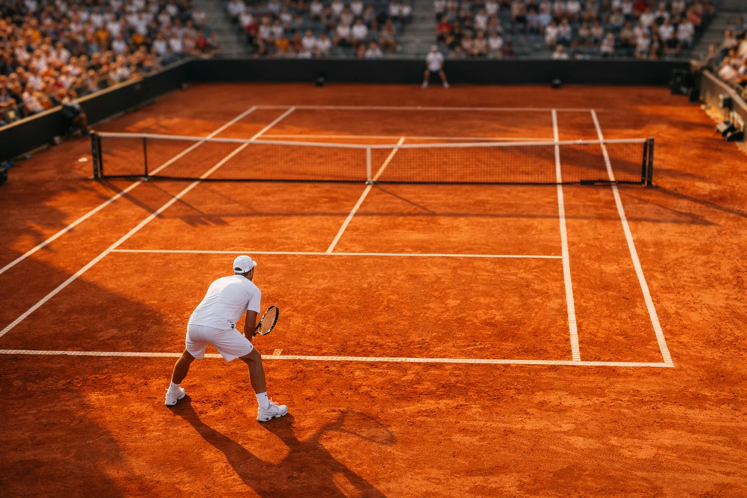 Campo da tennis durante un torneo ATP con giocatore in azione sulla terra rossa