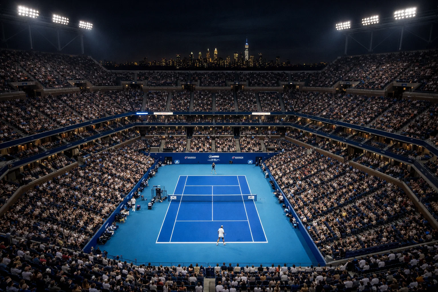 Stadio Arthur Ashe degli US Open illuminato durante una sessione serale di tennis