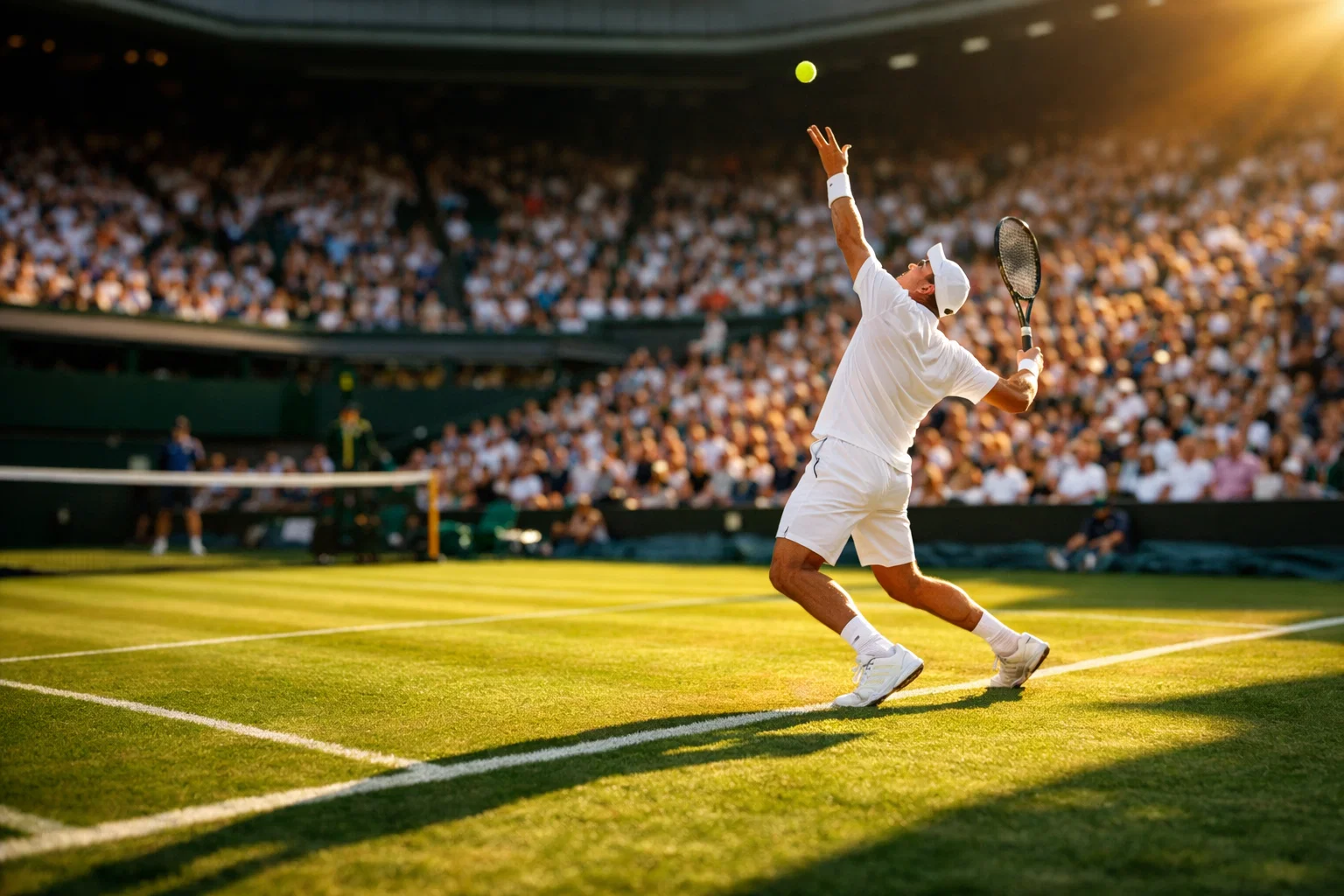 Campo in erba di Wimbledon durante un match di tennis con giocatore al servizio