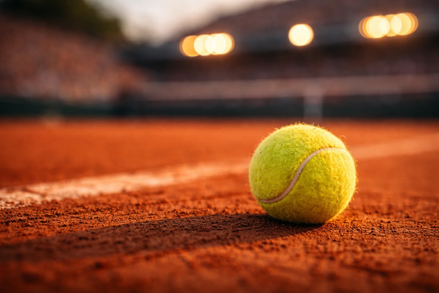 Primo piano di una pallina da tennis su un campo in terra battuta con luci da stadio sullo sfondo