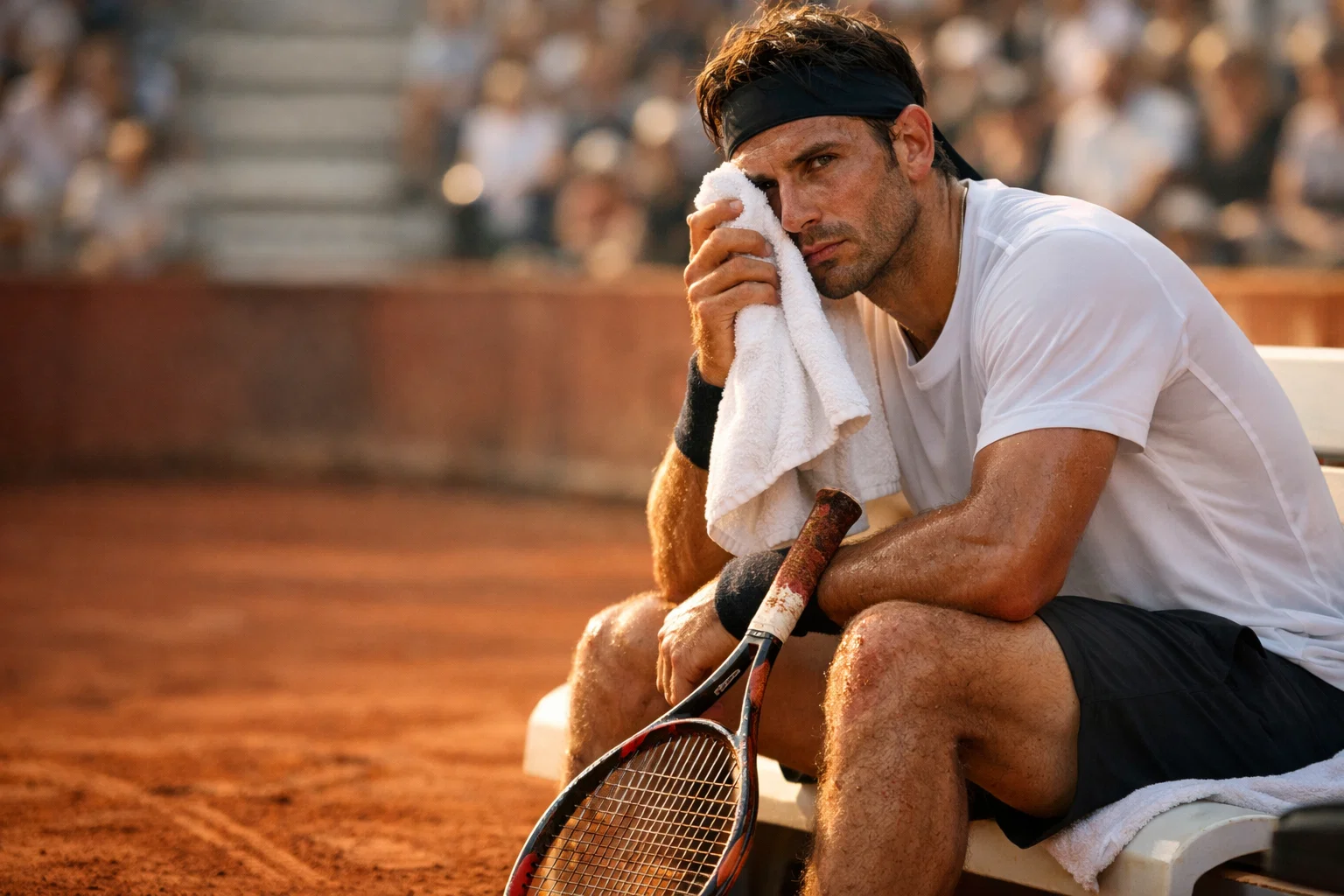 Tennista concentrato che si prepara a rispondere dopo aver perso il primo set su terra rossa