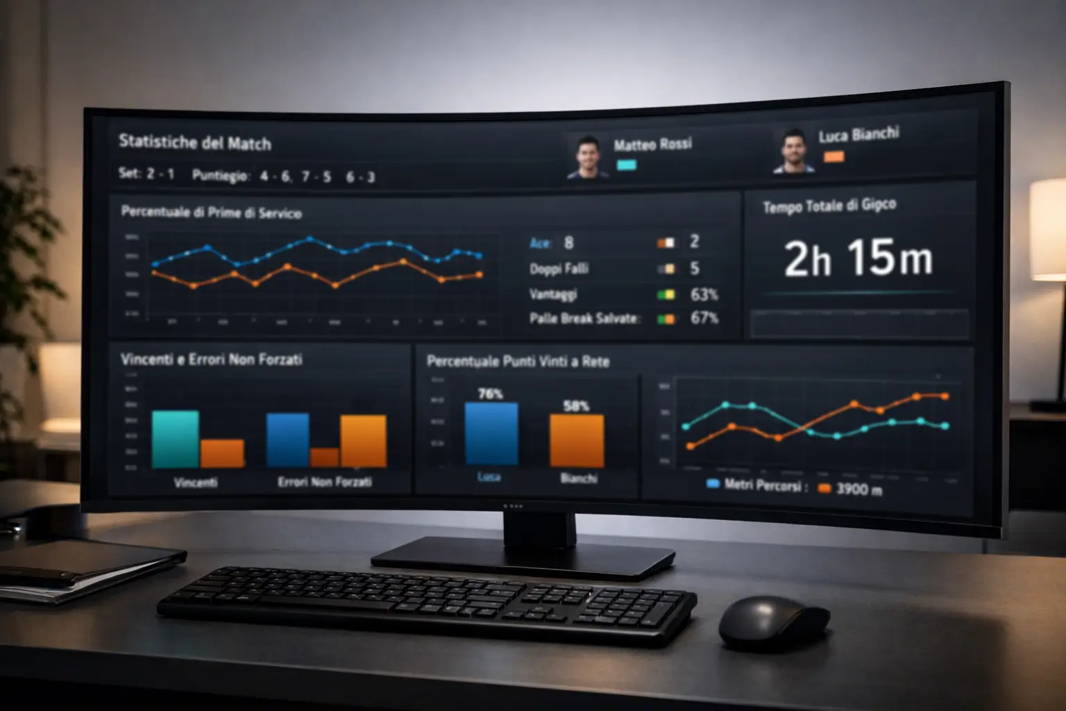 Dashboard con grafici e statistiche di tennis su monitor