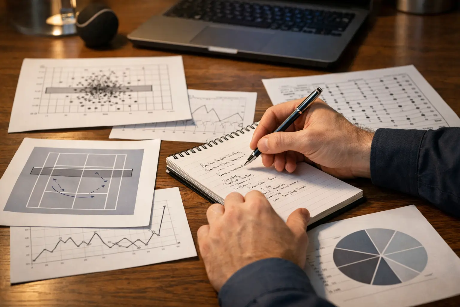 Analista sportivo che studia statistiche di tennis con appunti e documenti
