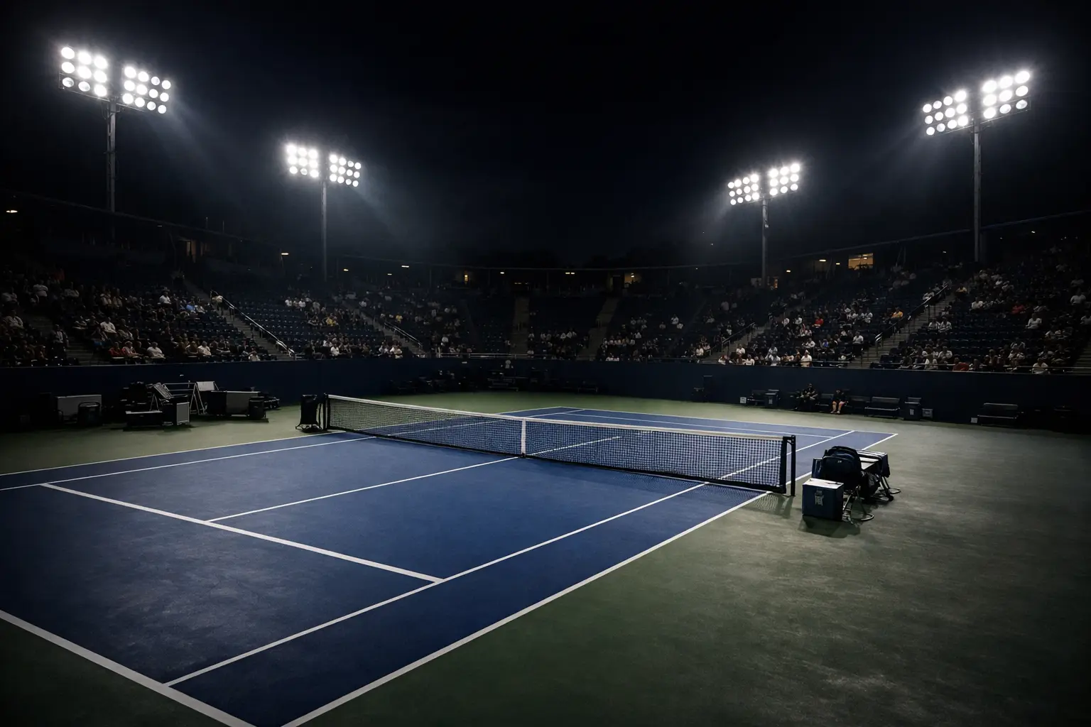 Campo da tennis illuminato di sera durante un match con pubblico sugli spalti