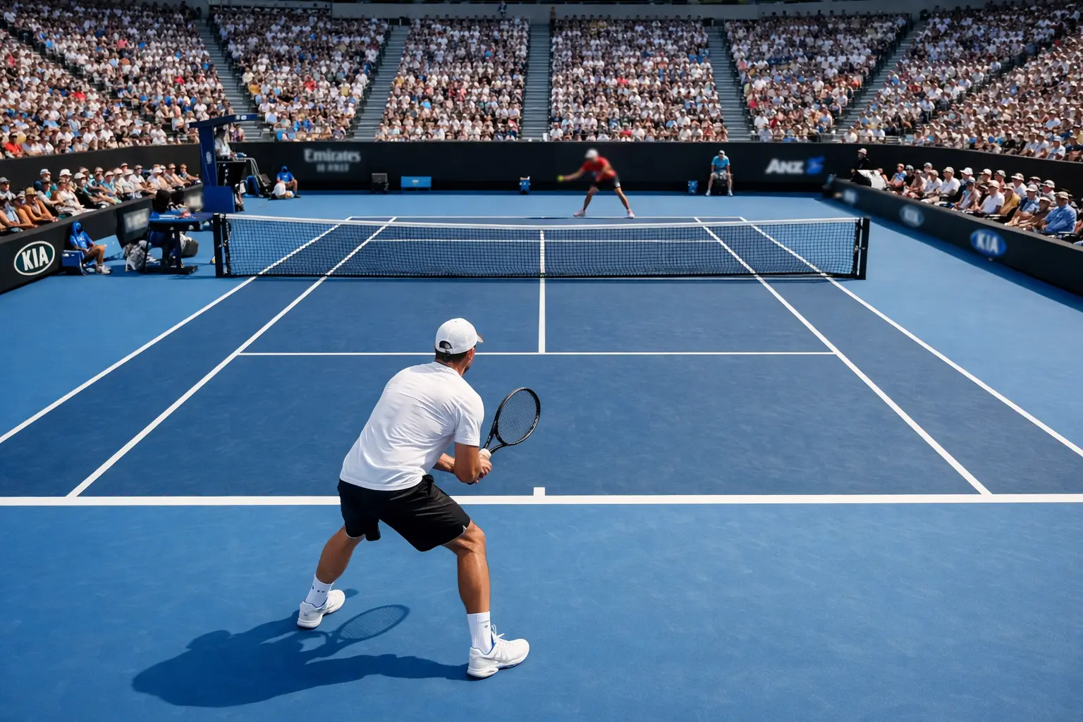 Match di tennis visto dalla tribuna con giocatori in campo