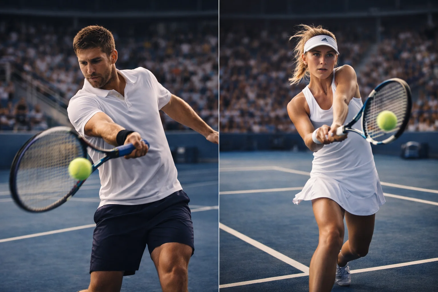 Giocatrice e giocatore di tennis in azione su campi affiancati durante un torneo