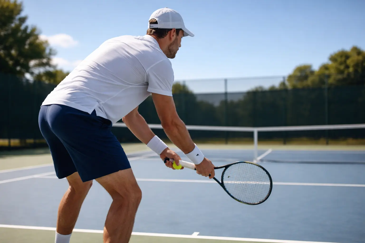 Tennista professionista che si prepara al servizio sul campo da tennis