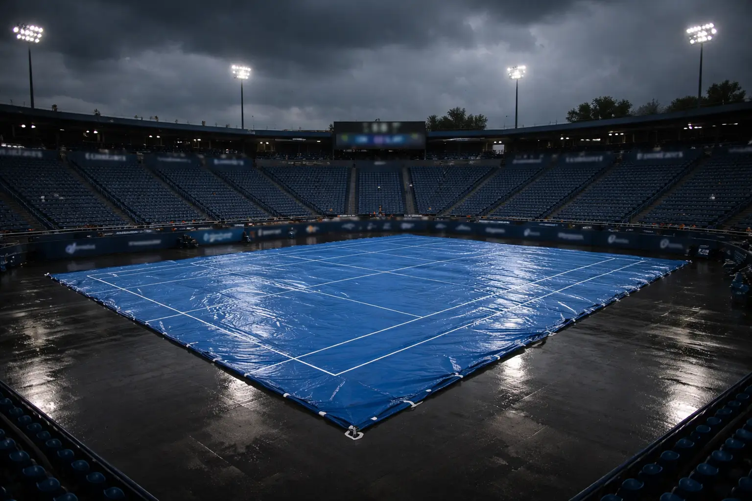 Campo da tennis coperto da telo durante una sospensione per pioggia
