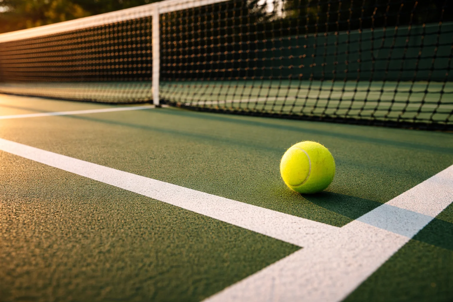 Scorcio ravvicinato di un campo da tennis con rete e linee di gioco illuminate dal sole