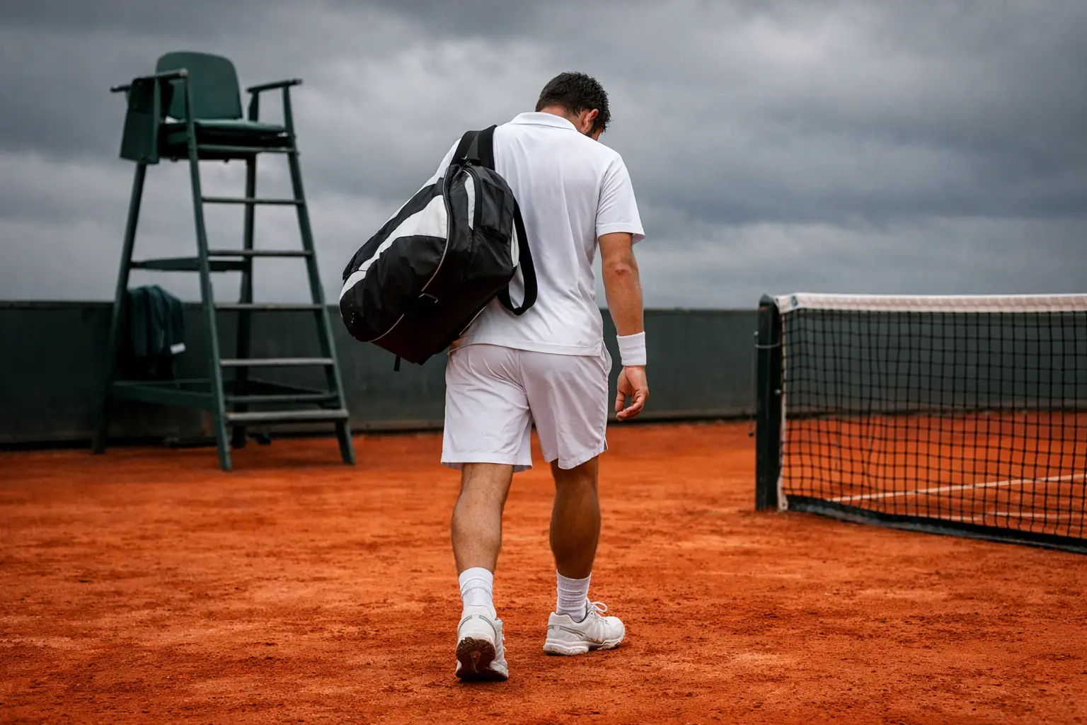 Tennista che lascia il campo con la borsa dopo un ritiro
