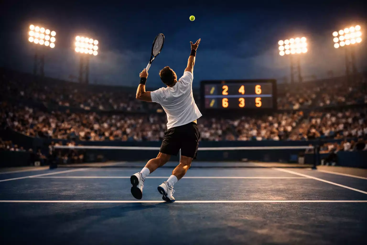 Campo da tennis durante un match live con tabellone dei punteggi illuminato