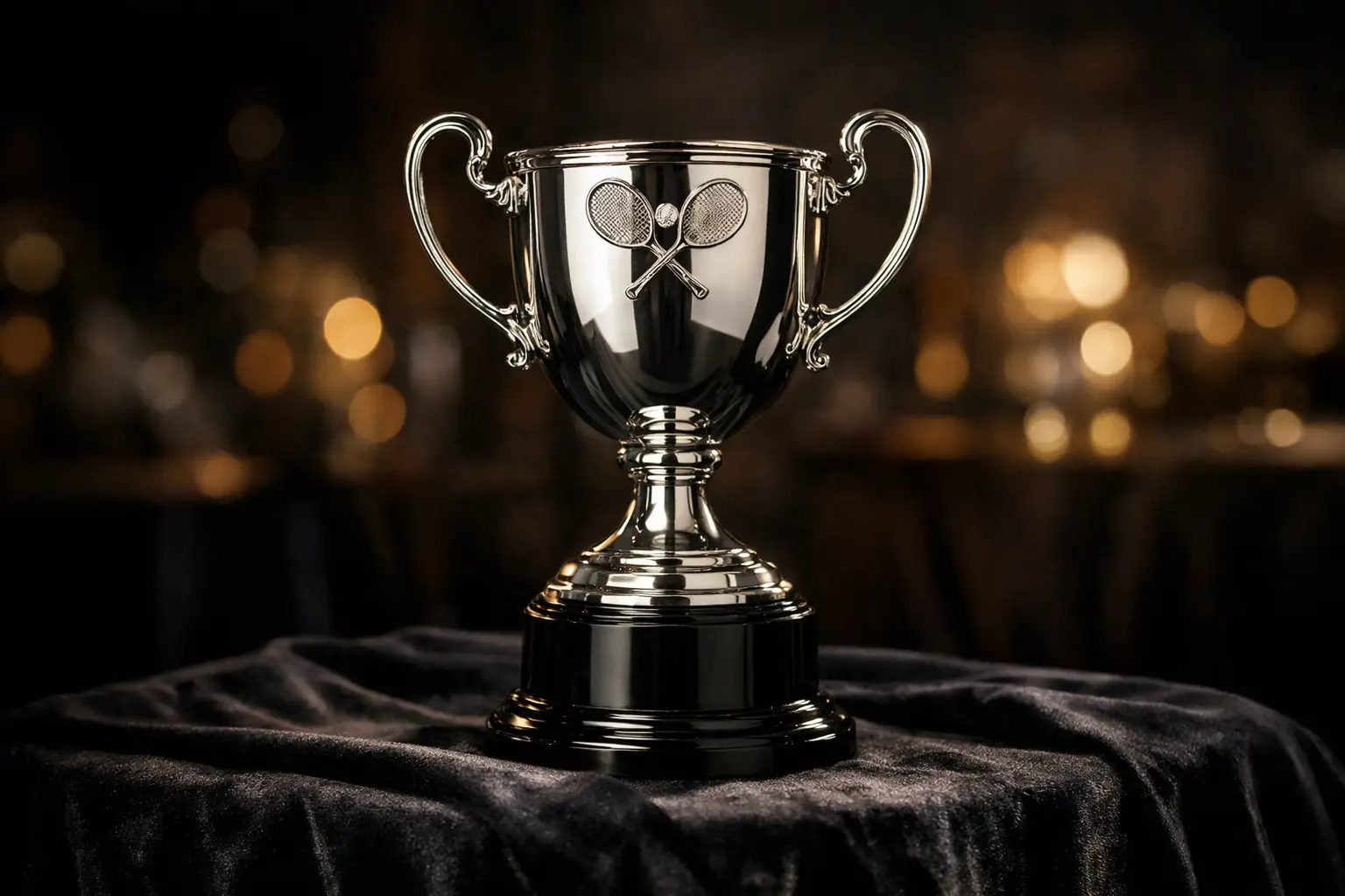 Trofeo di un torneo di tennis esposto su un tavolo durante una premiazione