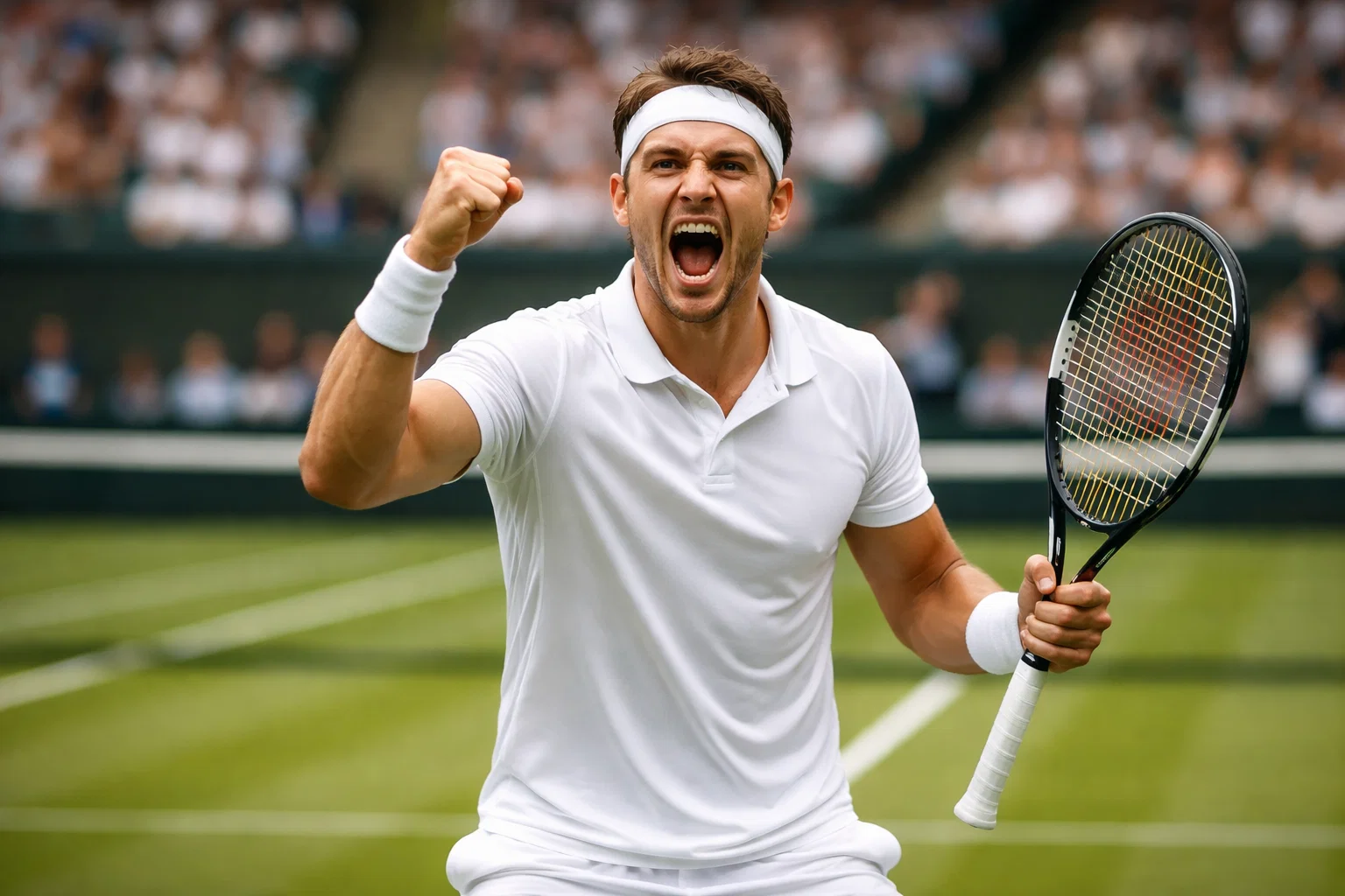 Tennista esulta dopo aver vinto un set su un campo da tennis in erba