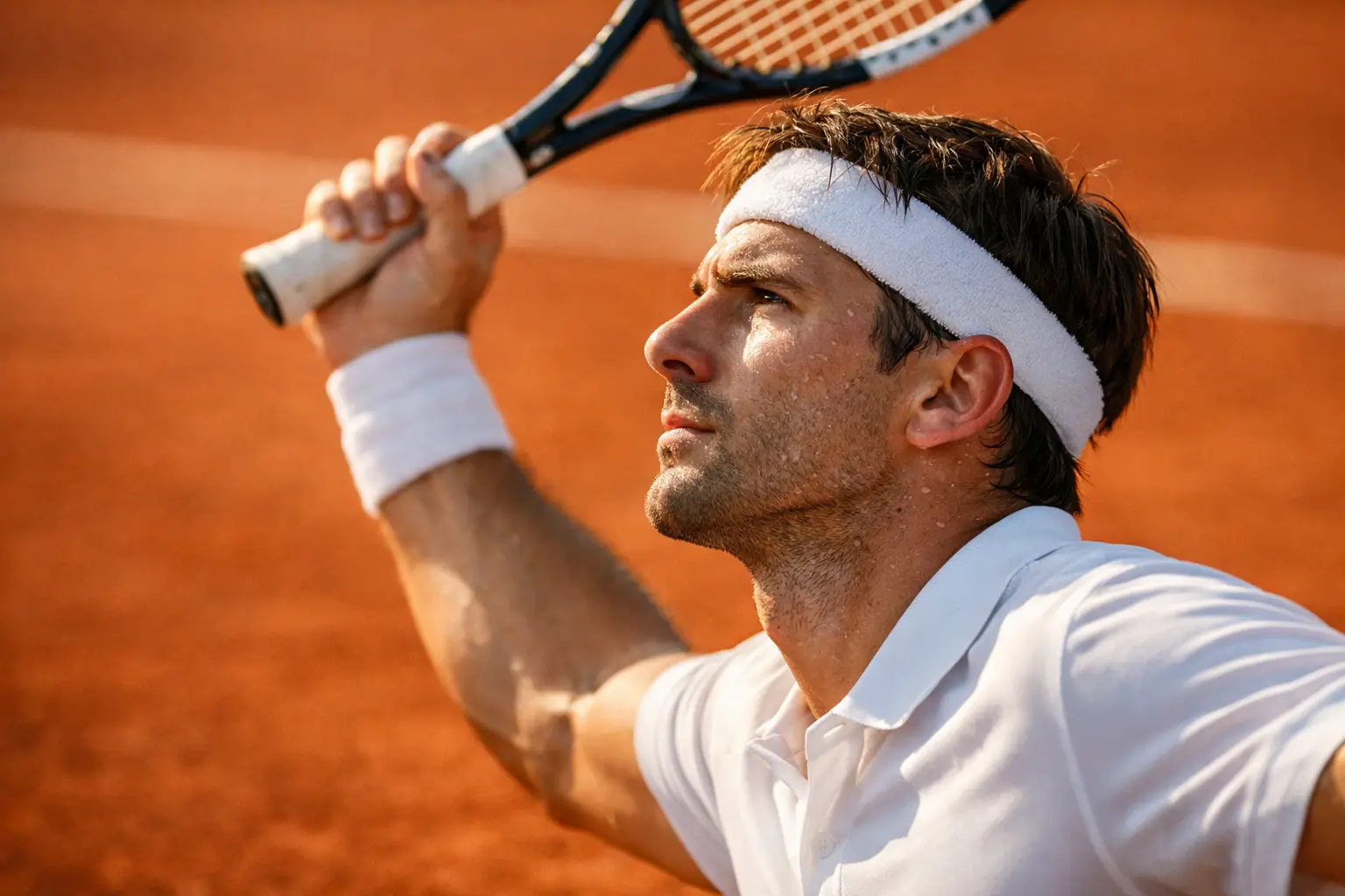 Tennista concentrato pronto al servizio su campo in terra battuta