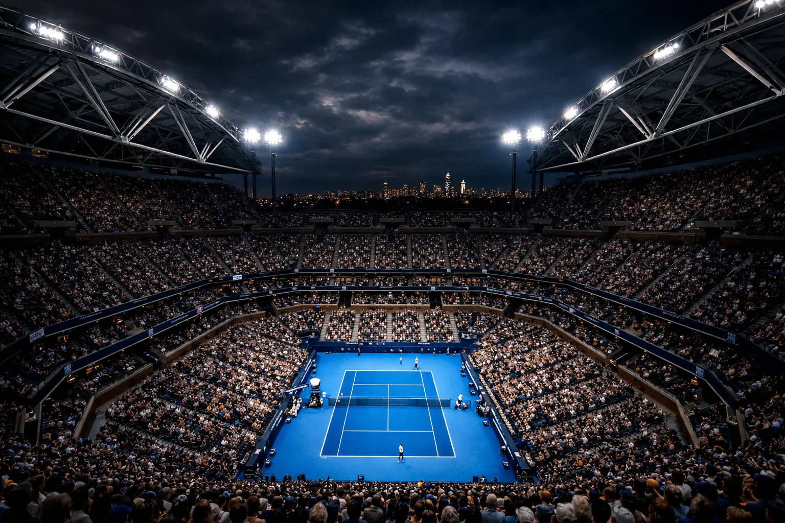 Stadio Arthur Ashe dello US Open illuminato durante una sessione serale