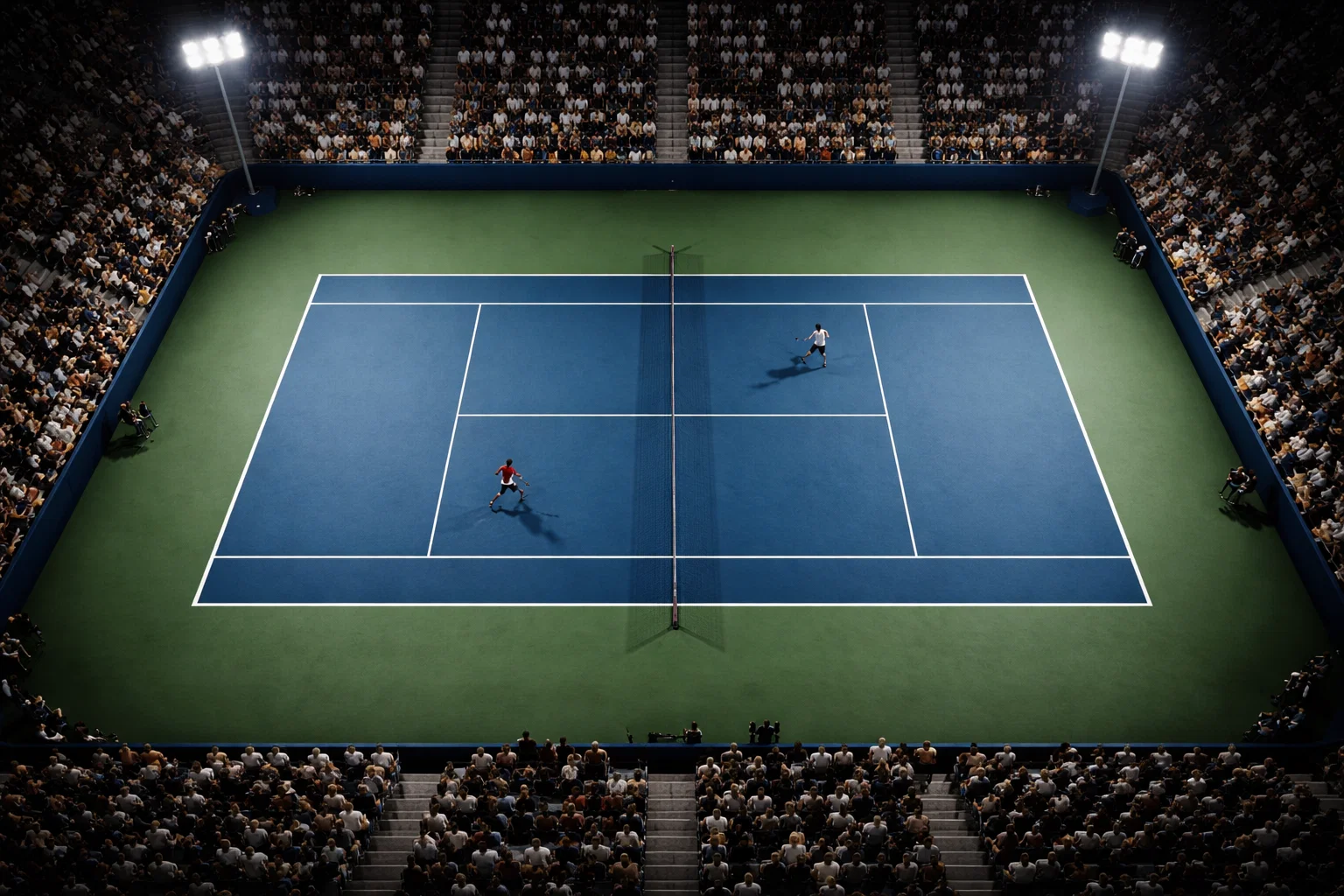 Vista dall'alto di un campo da tennis in cemento durante un match serale con luci artificiali accese