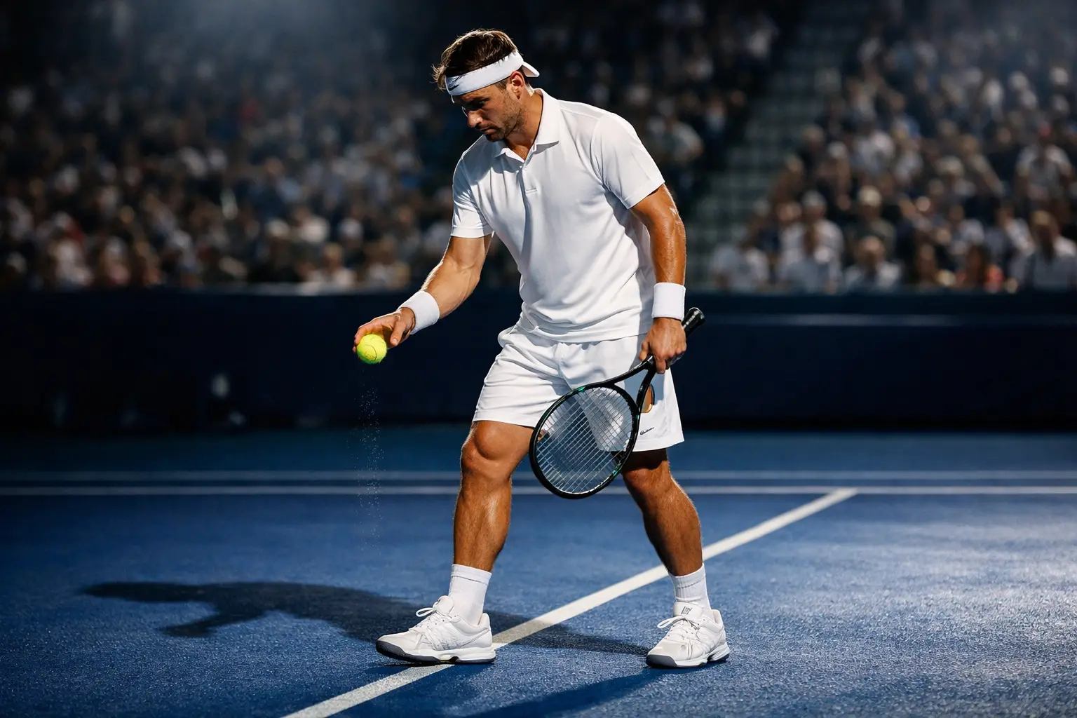 Tennista concentrato prima di servire durante un momento decisivo