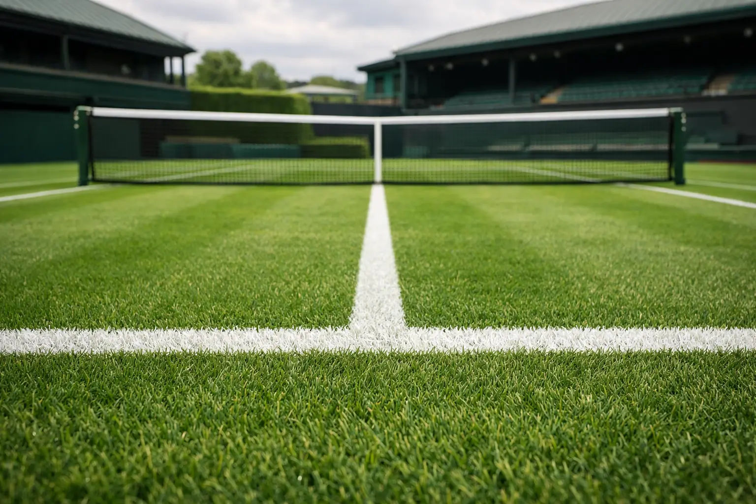 Campo in erba verde di Wimbledon a Londra con rete e linee bianche